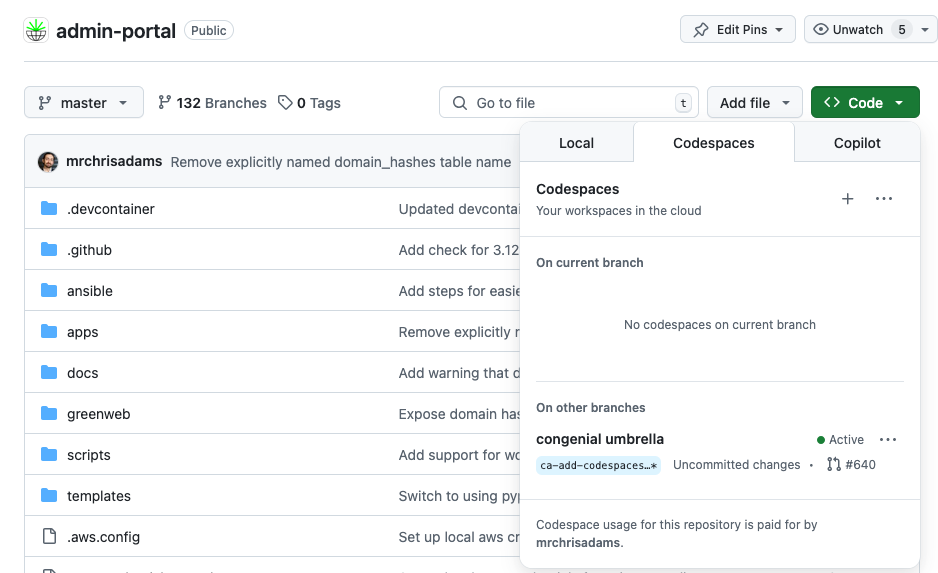 Github Codespaces button