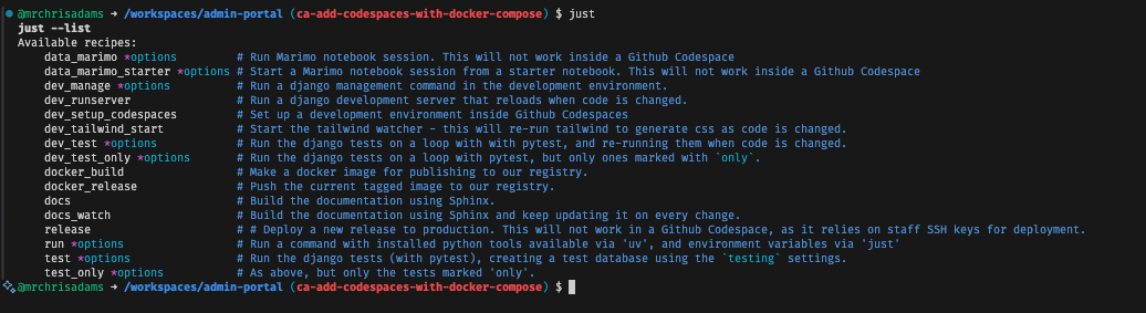 Github Codespaces 'just' options 