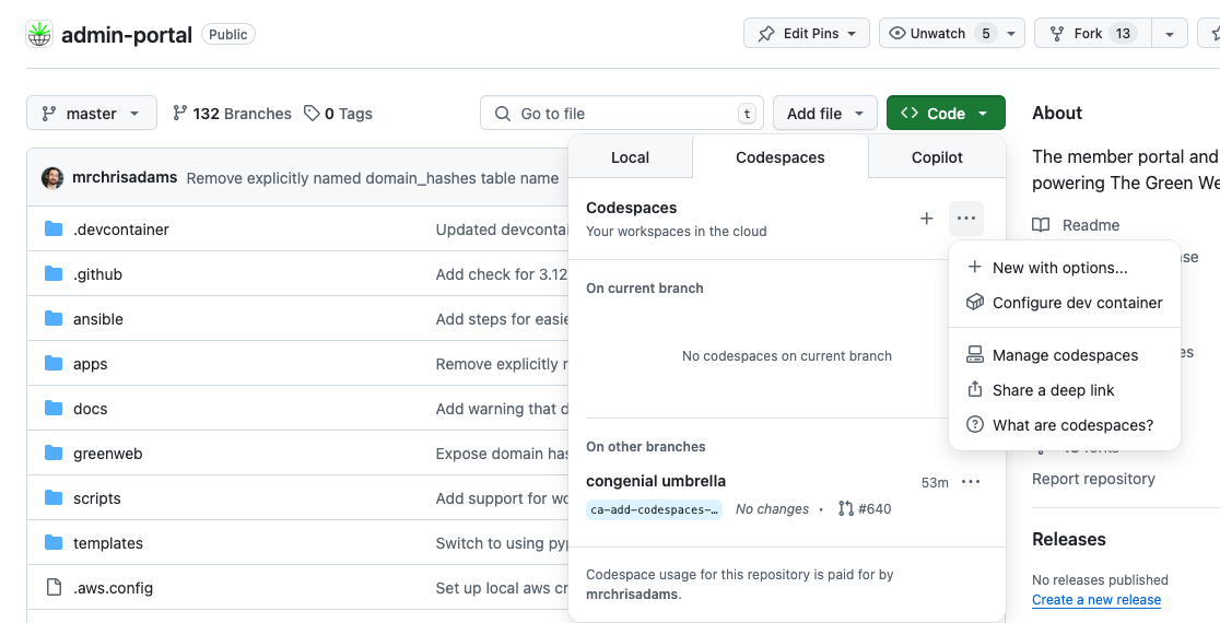 Github Codespaces create or new with options