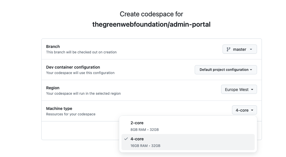 Github Codespaces - options for 'new with options'